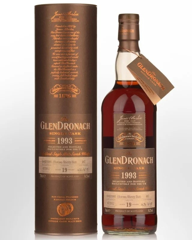 1993GlendronachSingleCaskNo.487OlorosoSherryButt19YearOldCaskStrengthSingleMaltScotchWhisky(700ml)–UKExclusiveBottling