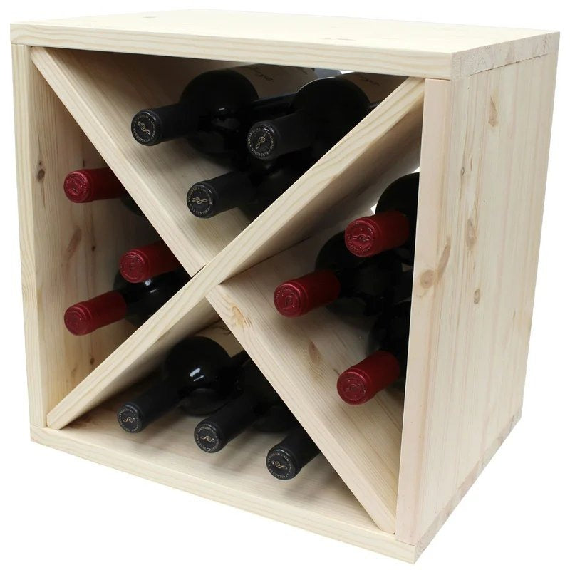 PineWoodenWineRack–MiniCellarCube–12Bottles–298mmDeep
