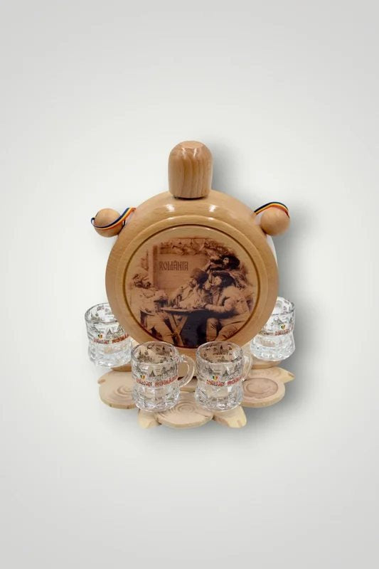 Handmadewoodenflaskwithtraditionalmotifand4shotglassesgiftset