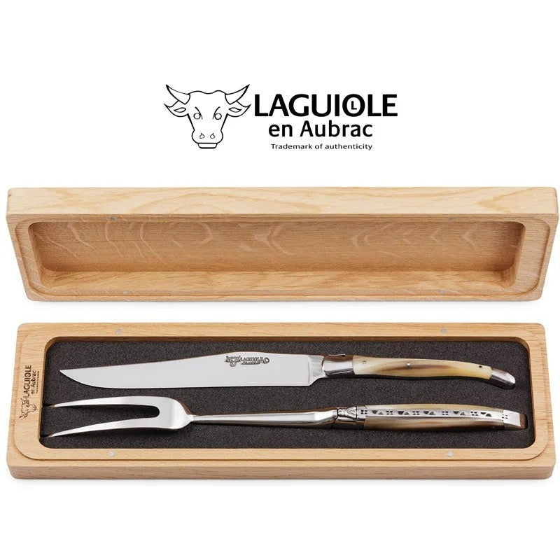 LaguioleenAubrac2PieceKnifeandForkCarvingSet–LightHornHandles