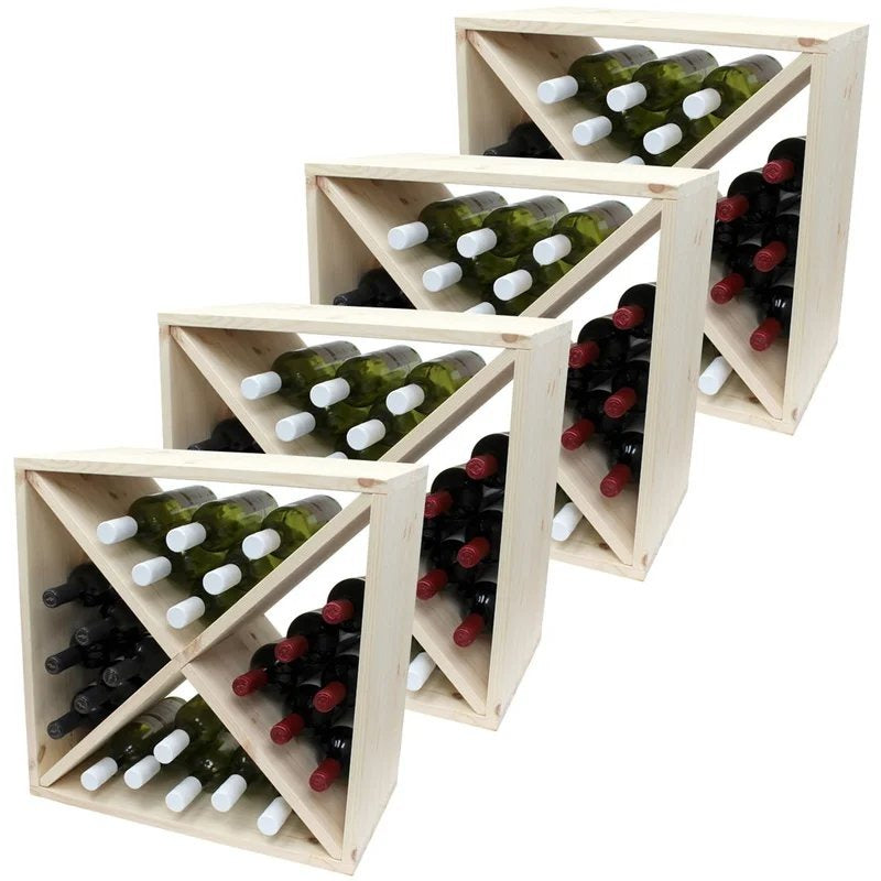 PineWoodenWineRack–CellarCube–96Bottles–298mmDeep–Setof4